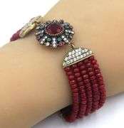 925 Sterling Silver Emerald, Ruby and Cubic Zirconia with 6.75 inches 5 Row Ruby Beads Bracelet