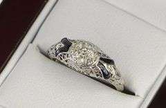 14K White Gold Art Deco Diamond Filigree Enamel Engagement Ring