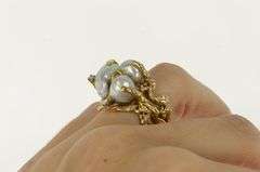 14K Yellow Gold Ornate Blue Pearl Diamond Birds Nest Cluster Ring