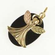 10K Yellow Gold Oval Black Hills Leaf Angel Onyx Statement Pendant