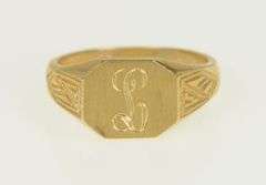 14K Yellow Gold L Cursive Letter Initial Monogram Ornate Ring