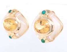 Incredible Yellow Gold Citrine, Emerald and Mop Earrings