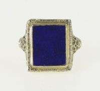 18K White Gold Art Deco Lapis Lazuli Filigree Squared Ring
