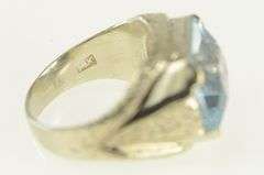 14K White Gold Art Deco Blue Topaz Engraved Floral Statement Ring