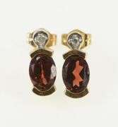10K Yellow Gold Oval Garnet Diamond Accent Vintage Stud Earrings