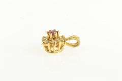 14K Yellow Gold Ruby Diamond Halo Flower Cluster Vintage Pendant
