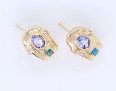 Amazing Yellow Gold Tanzanite, Diamond and Opal Inlay Earrings