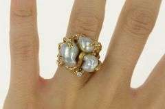 14K Yellow Gold Ornate Blue Pearl Diamond Birds Nest Cluster Ring
