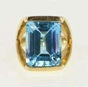 14K Yellow Gold Emerald Cut Blue Topaz Split Band Statement Ring