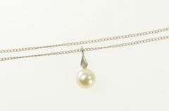 14K White Gold 1950's 7.2mm Pearl Diamond Drop Chain Necklace