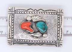 Vintage 925 Sterling Silver Signed Turquoise and Coral Belt Buckle