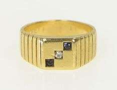 14K Yellow Gold Sapphire Diamond Squared Men's Retro Ring
