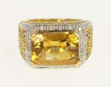 14K Yellow Gold Squared Citrine Sapphire Diamond Cocktail Ring