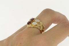 14K Yellow Gold Retro Ruby Opal Cluster Chevron Statement Ring