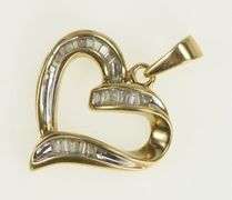10K Yellow Gold Baguette Diamond Wavy Curvy Heart Pendant