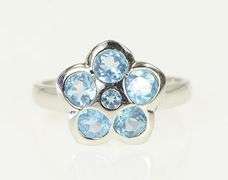 14K White Gold Blue Topaz Ornate Flower Cluster Statement Ring