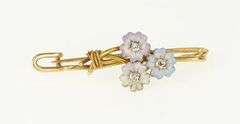 14K Yellow Gold Victorian Enamel Flower Daisy Bouquet Bar Pin/Brooch