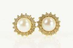 14K Yellow Gold 6.2mm Pearl Diamond Halo Vintage Stud Earrings