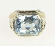 14K White Gold Art Deco Blue Topaz Engraved Floral Statement Ring