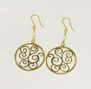 14K Yellow Gold Ornate Scroll Filigree Circle Dangle Earrings