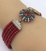 925 Sterling Silver Emerald, Ruby and Cubic Zirconia with 6.75 inches 5 Row Ruby Beads Bracelet