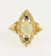 14K Yellow Gold Opal Sapphire Vintage Navette Statement Ring