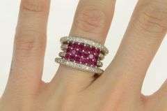 18K White Gold 2.50 Ctw Natural Ruby Diamond Cluster Layer Ring