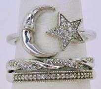 2 Sterling Silver Pave Diamond Rings, Size 6.5