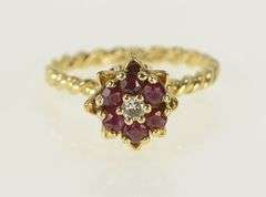 14K Yellow Gold 1960's Diamond Ruby Flower Buttercup Ring