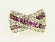 14K Yellow Gold Diamond Pink Tourmaline Criss Cross X Band Ring