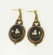 10K Yellow Gold Ornate Orchid Inlay Vintage Oval Dangle Earrings