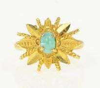 18K Yellow Gold Oval Turquoise Ornate Leaf Cluster Statement Ring