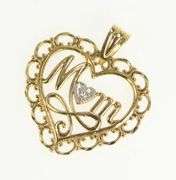 10K Yellow Gold Mom Filigree Heart Diamond Mother's Day Charm/Pendant