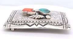Vintage 925 Sterling Silver Signed Turquoise and Coral Belt Buckle