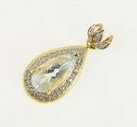 14K Yellow Gold Pear Blue Topaz Diamond Halo Vintage Drop Pendant