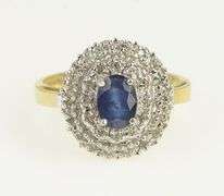 14K Yellow Gold Oval Sapphire Diamond Tiered Halo Engagement Ring