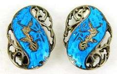 Vintage Sterling Siam Blue Enameled Earrings