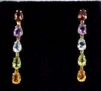 Beautiful Multi-Gem Dangle Earrings in 14K Yellow Gold