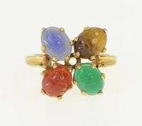 14K Yellow Gold Egyptian Scarab Carved Stone Statement Ring