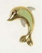 10K Yellow Gold Jadeite Dolphin Diamond Eyed Ocean Pendant