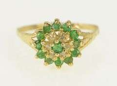 14K Yellow Gold Round Emerald Diamond Halo Round Cluster Ring