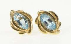 14K Yellow Gold Marquise Blue Topaz Vintage Curvy Stud Earrings