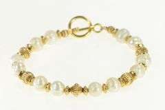 10K Yellow Gold Retro Vintage Pearl Ornate Toggle Clasp Bracelet