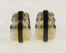 14K Yellow Gold Black Onyx Inlay Diamond Ornate Statement Earrings