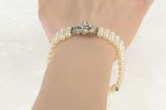 14K White Gold 1940's Diamond Pearl Ornate Swirl Layered Bracelet
