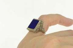 18K White Gold Art Deco Lapis Lazuli Filigree Squared Ring