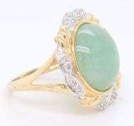 Charming Yellow Gold Green Jade and Diamond accent Ring