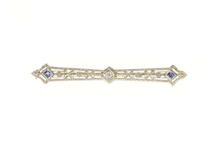 14K White Gold Art Deco Floral Filigree Diamond Sapphire Pin/Brooch