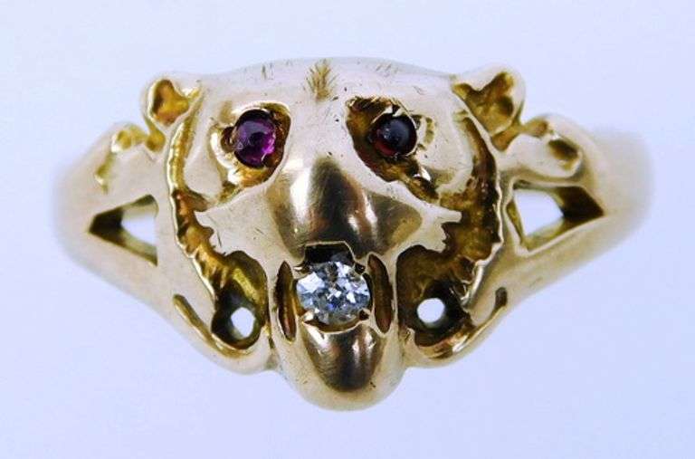 Antique 9K Gold Lion Ring with Gemstones, Size 5.75