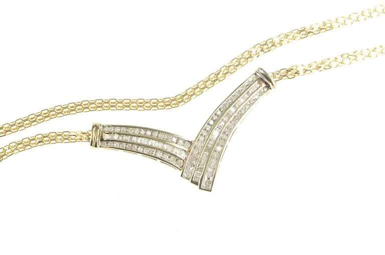 10K Yellow Gold 1.25 Ctw Baguette & Round Diamond Chevron Necklace